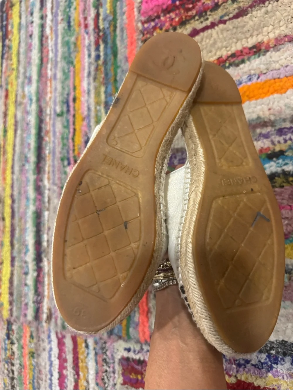 CHANEL White and Black Leather Espadrille Mules